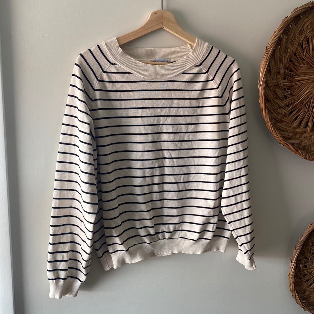 Cream boxy lightweight sweater with thin black stripes size large